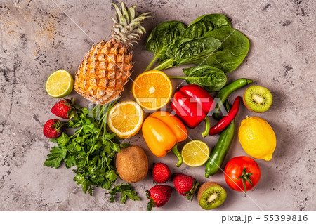 Fruits and vegetables rich in vitamin C. 55399816
