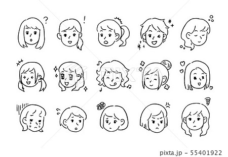 女性 表情 アイコン 手描き風イラストセットのイラスト素材 55401922