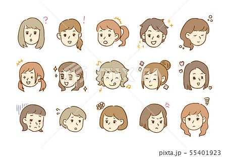 女性 表情 アイコン 手描き風イラストセット カラー のイラスト素材