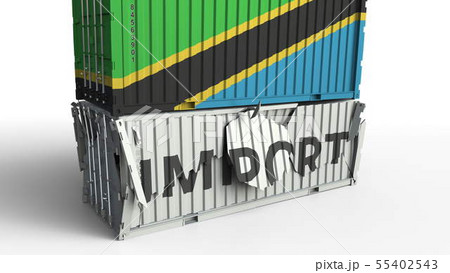 Cargo container with flag of Tanzania breaks container with IMPORT text. Conceptual 3D rendering 55402543