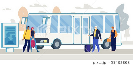 Passengers Waiting Bus On City Bus Stop Vectorのイラスト素材