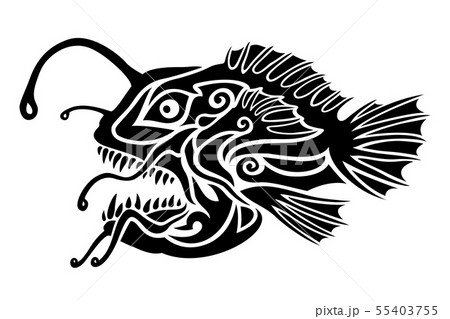 Black and white tattoo art with stylized monkfish 55403755