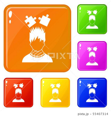 Man with puzzles over head icons set vector color Man with puzzles over head icons set vector color 55407314