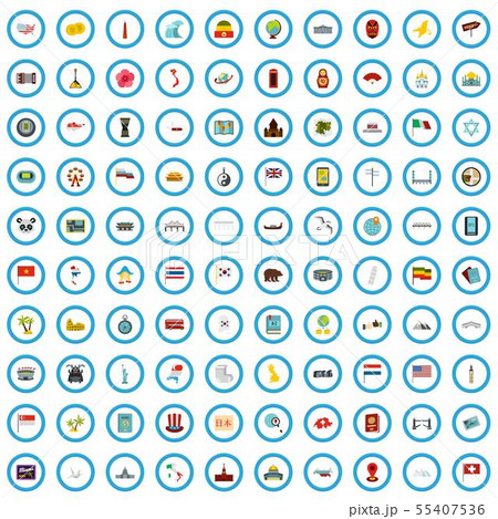 100 world icons set, flat style 55407536