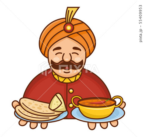 Cute cartoon Indian chef serving curry Cute cartoon Indian chef serving curry 55409953