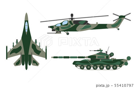 Fighter aircraft, tank, helicopter cartoon. 55410797