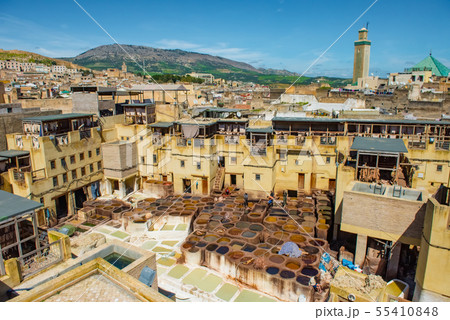 Fes, Morocco. Old town panorama,tanneries and tanks with color paint for leather 55410848