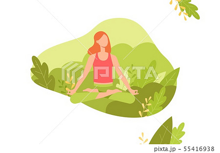 Red haired woman meditates in the lotus position with legs crossed on background of green plants. Red haired woman meditates in the lotus position with legs crossed on background of green plants. 55416938