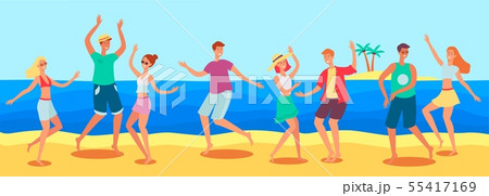 Tanned caucasian people, men and women dancing at a beach party by the sea on the sand. 55417169