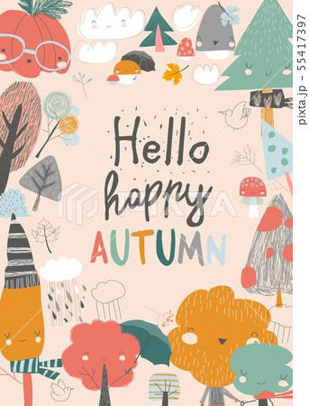 Cute frame composed of colorful autumn trees. Cartoon yellow orange autumn tree on white background 55417397