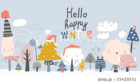 Cute winter trees. Cartoon winter trees on blue background 55420551