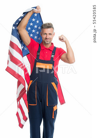 Motherland USA. Man cheerful laborer hold american 55420585