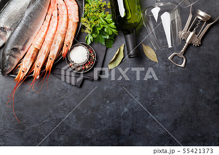 Fresh seafood. Trout fish and langostino shrimps Fresh seafood. Trout fish and langostino shrimps 55421373