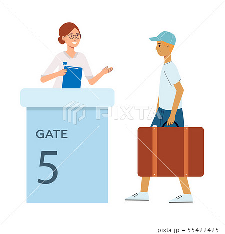 Young red haired tourist man with a suitcase passes to the gate at the airport. Young red haired tourist man with a suitcase passes to the gate at the airport. 55422425