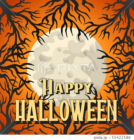 Mysterious night vector illustration. Old leafless trees and full moon 55422586