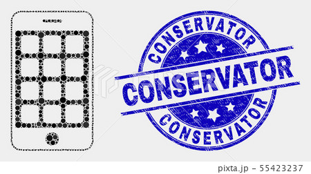 Vector Pixel Mobile Phone Icon and Scratched Conservator Seal 55423237