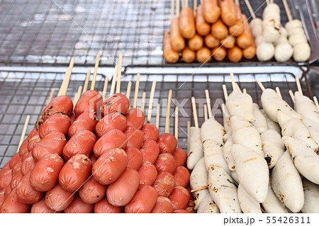 grilled meatball and sausages at street food 55426311