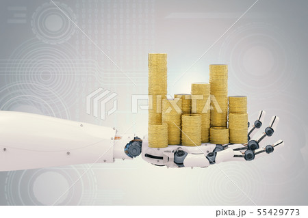 robotic hand holding gold coins 55429773