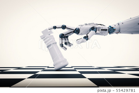 robotic hand holding chess king 55429781