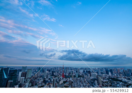 夏の夕刻の東京 東京タワー・東京湾の俯瞰 2019.07　b-2 超広角 55429912