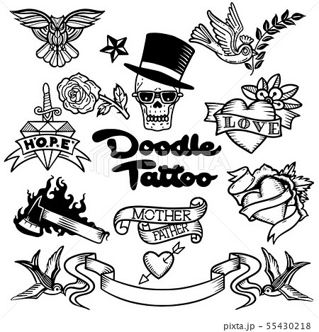 Old School Tattoo Icons Set With Swallow Roseのイラスト素材