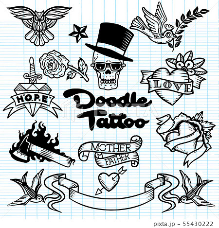 52 Hand drawn old school tattoo isolated icon vector image set Stock Vector