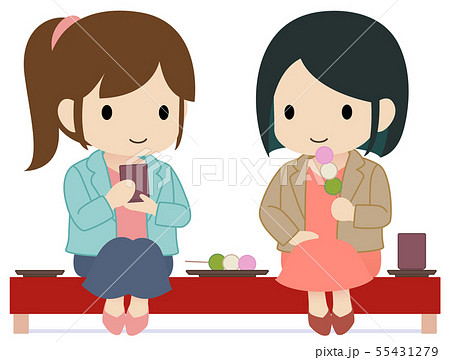 可愛い女子旅 団子とお茶で一休み ジャケットのイラスト素材
