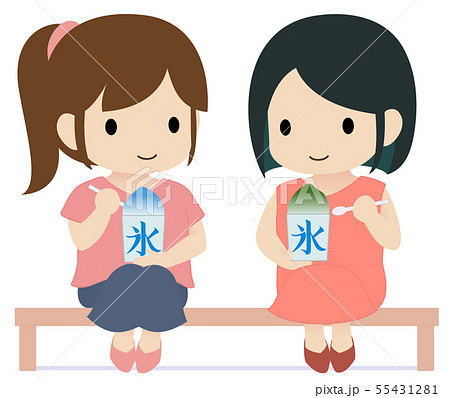可愛い女子旅 ベンチでかき氷のイラスト素材