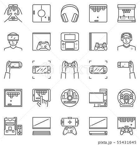 Video game outline vector icons set. PC, console concept signs Video game outline vector icons set. PC, console concept signs 55431645