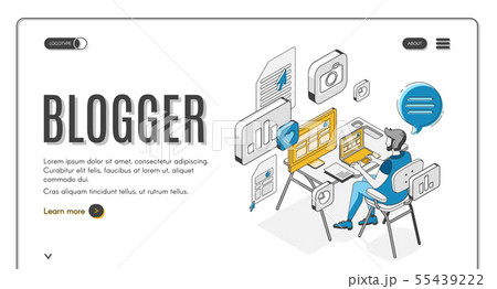 Blogger isometric landing page, social media. 55439222