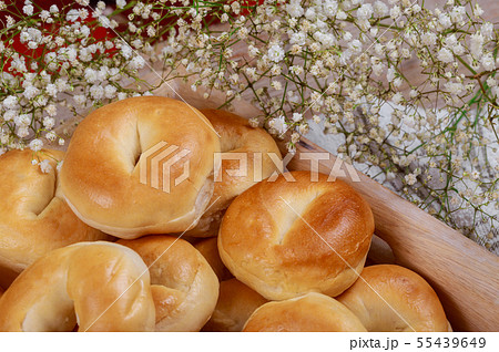 Homemade buns in bowl vintage wooden background, 55439649