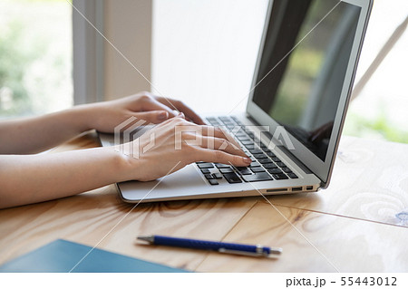 ノートパソコンを操作する女性の手元 55443012