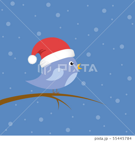 cute little bird sitting on a branch in winter with christmas hat 55445784