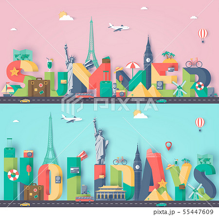Travel composition with famous world landmarks. Travel and Tourism concept. Vector 55447609