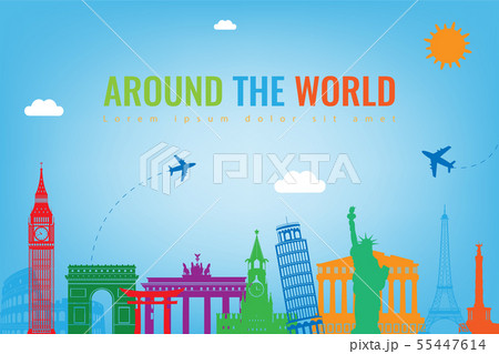 Travel composition with famous world landmarks. Travel and Tourism concept. Vector 55447614