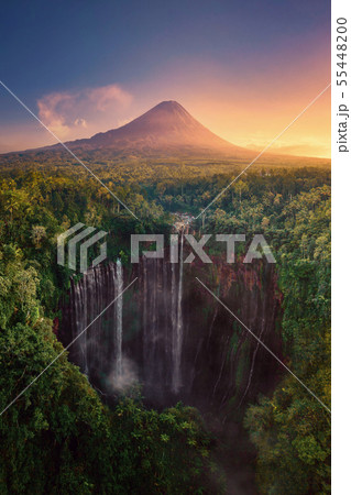 Aerial view of Tumpak Sewu waterfall and Semeru Aerial view of Tumpak Sewu waterfall and Semeru 55448200