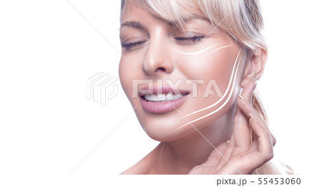 Close up woman portrait with a face lifting lines on the face. 55453060