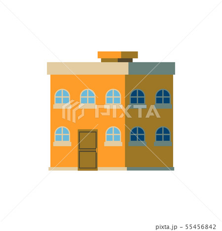 Yellow double decker, two-storied house with flat roof in cartoon style. 55456842