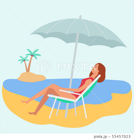 Caucasian woman or a girl in a swimsuit brown hair lying in a deck chair on the beach. Caucasian woman or a girl in a swimsuit brown hair lying in a deck chair on the beach. 55457023