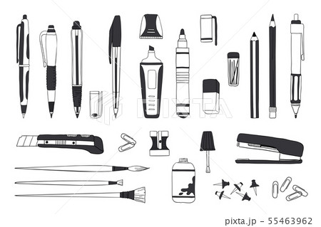 Hand drawn stationery. Doodle pen pencil and paintbrush tools, school and office accessories sketch Hand drawn stationery. Doodle pen pencil and paintbrush tools, school and office accessories sketch 55463962