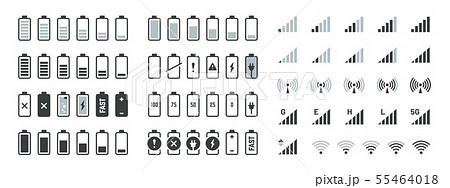 Battery icons. Black charge level gsm and wifi signal strength, smartphone UI elements set. Vector 55464018