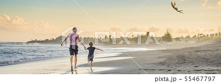 Young father and his son running with kite on the beach BANNER, LONG FORMAT Young father and his son running with kite on the beach BANNER, LONG FORMAT 55467797