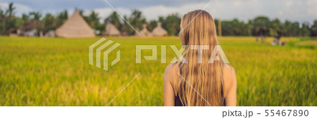 Women tourists enjoy the panoramic view of the beautiful Asian scenery of rice fields BANNER, LONG 55467890