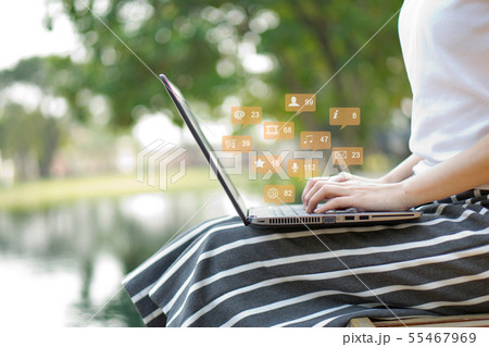 Woman hands using social network with laptop, Woman hands using social network with laptop, 55467969