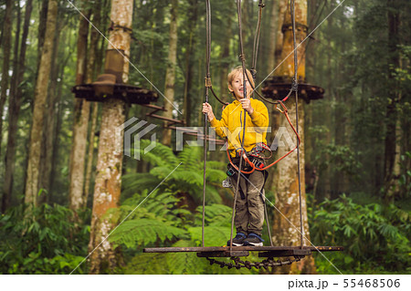 Little boy in a rope park. Active physical recreation of the child in the fresh air in the park Little boy in a rope park. Active physical recreation of the child in the fresh air in the park 55468506