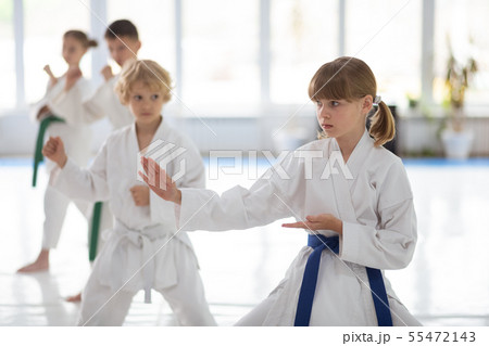 Girl having serious face while practicing aikido movements 55472143
