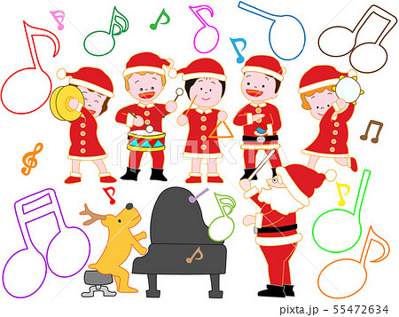 子供たちとトナカイやサンタクロースたちのクリスマスコンサートのイラスト素材