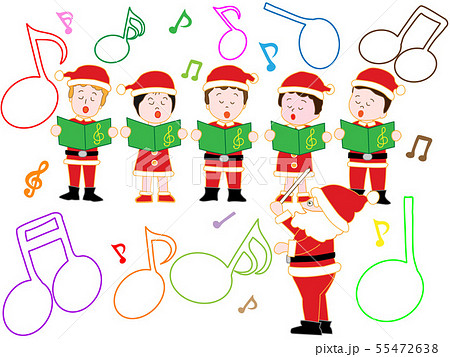 子供たちとトナカイやサンタクロースたちのクリスマスコンサートのイラスト素材