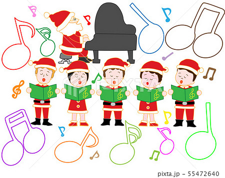 子供たちとトナカイやサンタクロースたちのクリスマスコンサートのイラスト素材