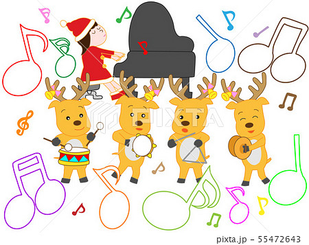 子供たちとトナカイやサンタクロースたちのクリスマスコンサートのイラスト素材
